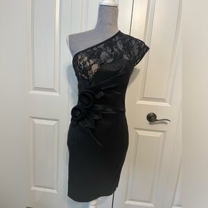 Jessica McClintock vintage black one shoulder lace & sequins cocktail dress Sz 6
